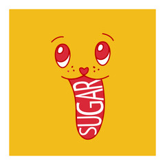 Muzzle that sticks out its tongue on a one-color yellow background. The language is written in English Sugar. Lovely eyes, long tongue. The character shows the tongue. Retro style. Bright color. 