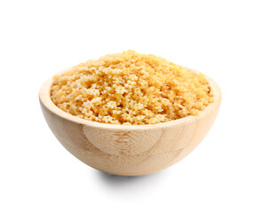 Bowl with raw stelline pasta on white background