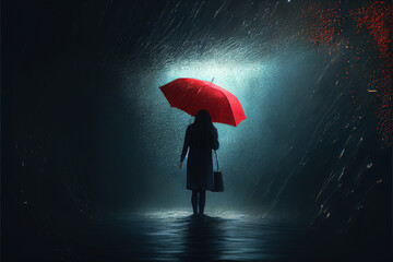 A woman with long black hair holding an open red umbrella in a torrential storm. Generative AI. 2