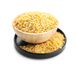 Bowl with raw stelline pasta on white background