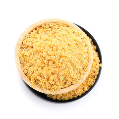 Bowl with raw stelline pasta on white background