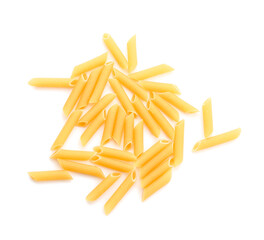 Heap of raw penne pasta on white background