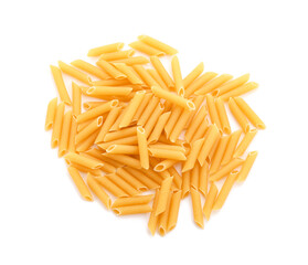 Heap of raw penne pasta on white background
