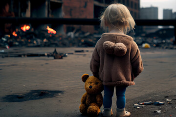 little girl back a torn against the backdrop of an exploding city. 