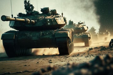 A train of tanks is coming. Delivery of tanks to the allies. Tanks go to war. Created with Generative AI technology