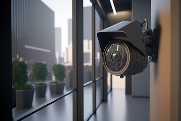 cctv camera installed in the office to monitor employees. Security camera in the office. Created with Generative AI technology