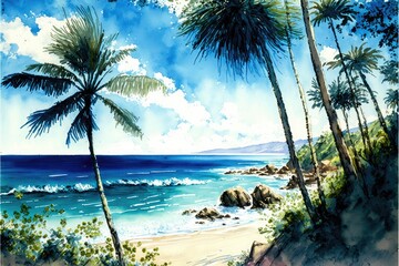 Beach with tall palm trees, sea coast, watercolor. Generative AI.