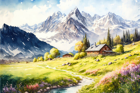 Alpine village, blooming spring plants and mountains on the background, watercolor. Generative AI.