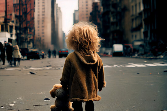little girl back a torn against the backdrop of an exploding city