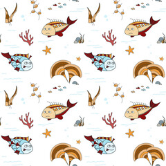 Obraz premium Underwater world. Funny fish, seaweed, starfish in cartoon style. Seamless vector pattern for children's textiles, packaging, wrapping.