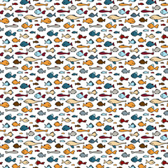 Colorful funny fish swimming in different directions. Cartoon style. Vector pattern on a transparent background.