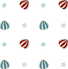 Simple pattern with striped sea shells and starfish. Vector image on a transparent background.