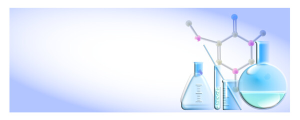 Group of chemical laboratory utensils with copy space. Chemical analysis and medical laboratories. For advertising of laboratories, pharmacies, drug distributors, check-up centers, etc. Vector 