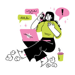 Woman on Freelance at Laptop with Coffee and Speaking Phone Vector Illustration © Happypictures