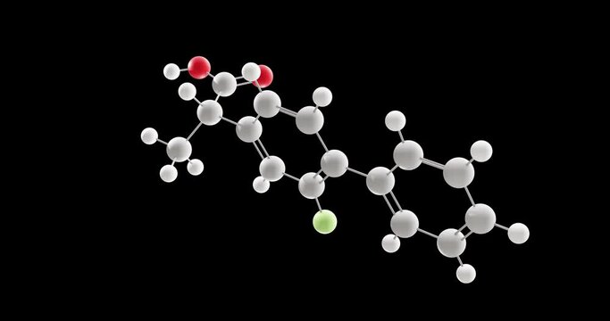 Flurbiprofen molecule, rotating 3D model of NSAIDs, C15H13FO2, looped video with alpha channel