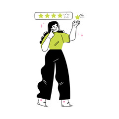 Woman on Freelance Giving Feedback or Review Star Vector Illustration