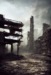 A post-apocalyptic ruined city. Destroyed buildings, destroyed roads, blown up skyscrapers. The concept of the apocalypse. Generative AI Art