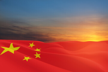 Close up waving flag of China on background of sunset sky. Flag symbols of China. National day of the people's republic of China. 1st October.