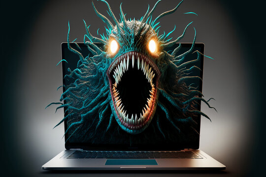 Monster emerging from computer toward user, generative ai