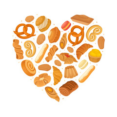 French Bakery and Pastry Heart Shape Composition Design with Sweet Dough Products Vector Template