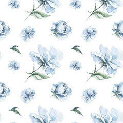 Watercolor  pattern of dusty  blue peony flowers and leaves.  Sketches of it you can look in attached images.