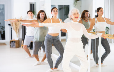 Fototapeta premium Group of people of different ages practice ballet moves in classical dance school.