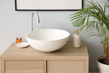 Modern sink in interior of stylish bathroom, closeup