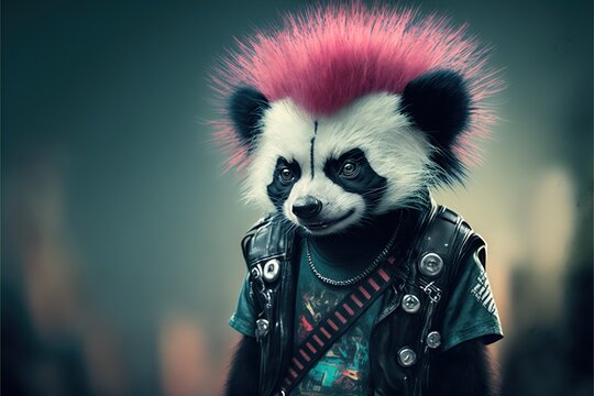 Created with Generative AI technology. Shot of an animal punk rocker. Panda dressed as a rocker