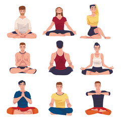 People Character Doing Meditation Sitting in Lotus Pose Practicing Mindfulness Vector Set