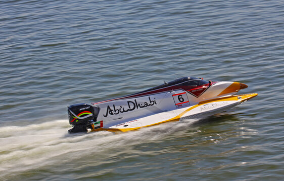 Powerboat of Team Abu Dhabi (UAE) in action during Formula 1 H2O Powerboat World Championship GrandPrix in Vyshgorod, Ukraine