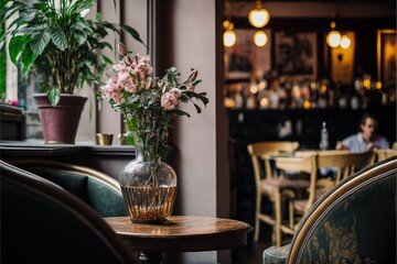 Fototapeta na wymiar Atmospheric french cafe with charming an cozy interior in morning light, intimate, nostalgic, elegant, parisian. Generative AI