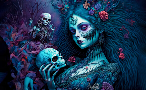 A beautiful and creepy witch with blue eyes, surrounded by skeletons and zombies, holds a skull and prepares to cast a magic spell. Mystical nightmare concept.  generative ai