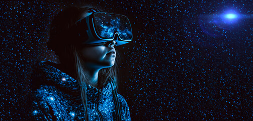 Naklejka premium Girl wearing virtual reality goggles is inside bokeh metaverse. Metaverse concept and virtual world elements, Space for text. 