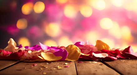 Table wood top with Rose petals on blur bokeh background. Rose petals on wooden background. For display or montage you products with copy space	