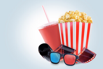 Popcorn box; disposable cup for beverages with straw, film strip. Cinema Design Template background