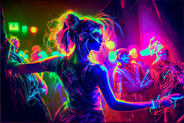 handsome neon girl dancing at the rave party with fluorescent paintings, color concept, Generative AI