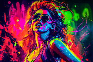 Naklejka premium handsome neon girl dancing at the rave party with fluorescent paintings, color concept, Generative AI