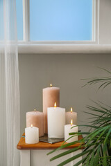 Burning candles on end table and houseplant near window