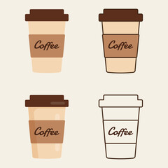 Delicious coffee paper cup icon with the inscription coffee. Drink vector illustration design
