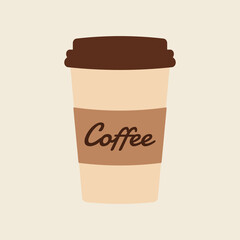 Delicious coffee paper cup icon with the inscription coffee. Drink vector illustration design