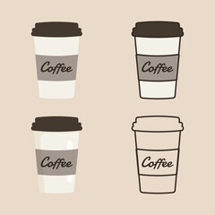 Delicious coffee paper cup icon with the inscription coffee. Drink vector illustration design
