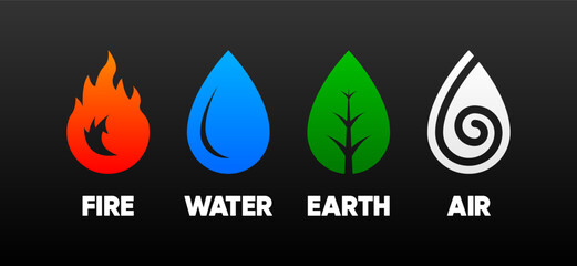 Earth, air, fire and water. Four icons of elements of nature. Symbol design of wind, air, fire, water, earth for app concept. Vector illustration.