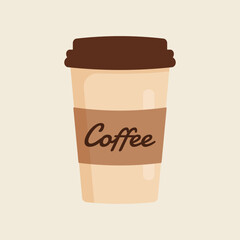 Delicious coffee paper cup icon with the inscription coffee. Drink vector illustration design