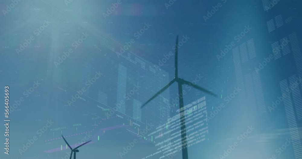 Poster animation of financial data processing over wind turbines