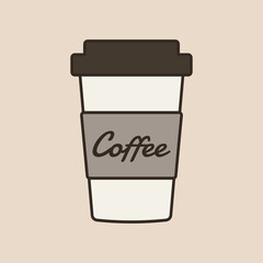 Delicious coffee paper cup icon with the inscription coffee. Drink vector illustration design