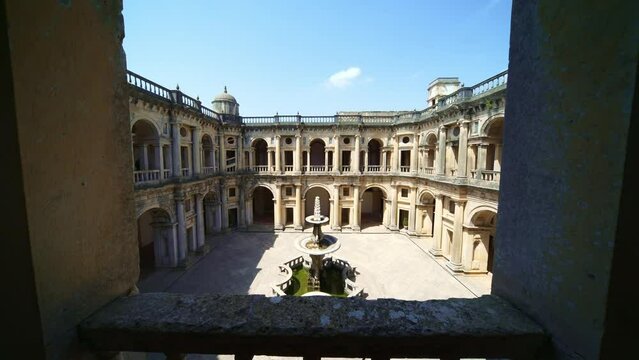 courtyard in Convent of Christ, originally Knights Templar. Tomar historic castle, popular tour destination in Portugal.
