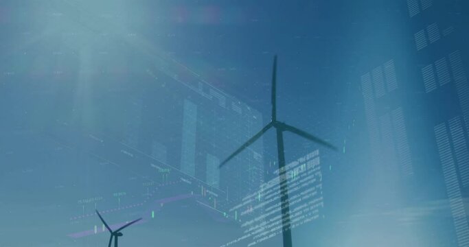 Animation of financial data processing over wind turbines - Powered by Adobe