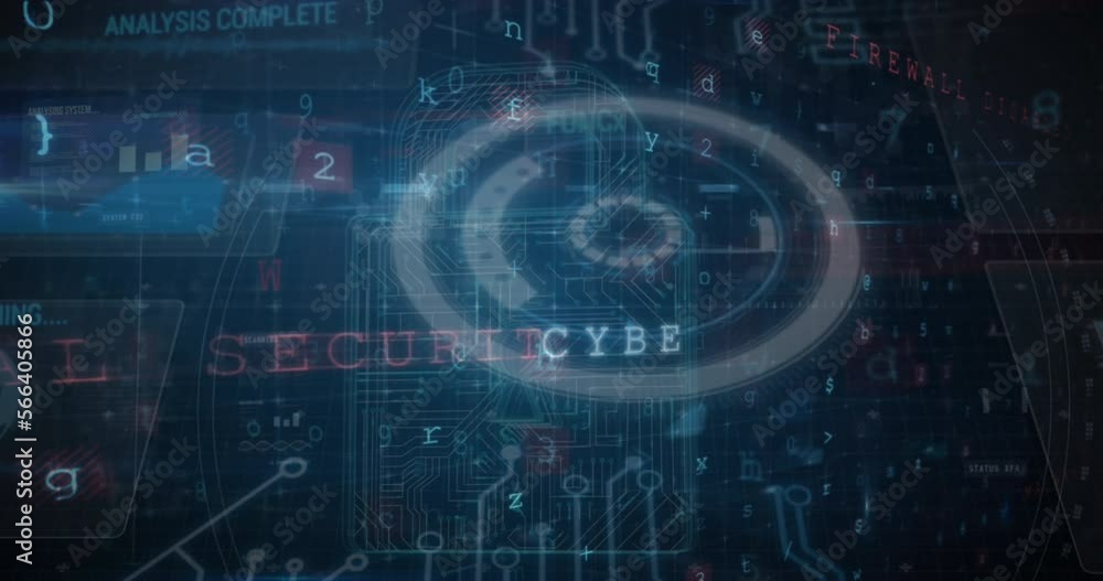 Poster animation of multiple texts, circuit board pattern in padlock over letters, numbers, symbol, graph