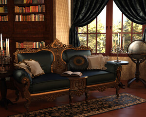 Library study with antique seating by a window.