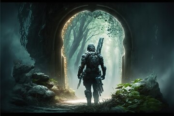 Realistic digital illustration of a warrior soldier against the backdrop of a portal in an elven forest to another world. AI